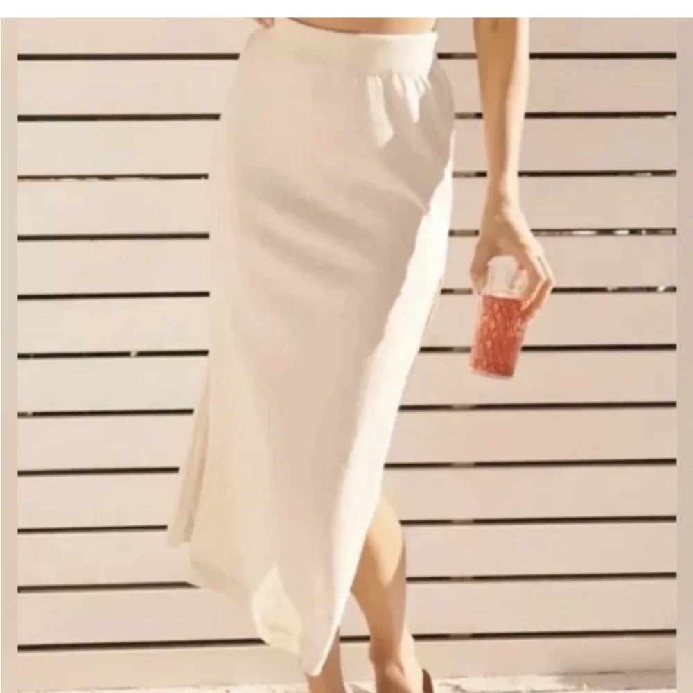 Anthropologie Cream Knit Midi Skirt Side Slit High Rise NWT Neutral Size Large - Picture 2 of 4